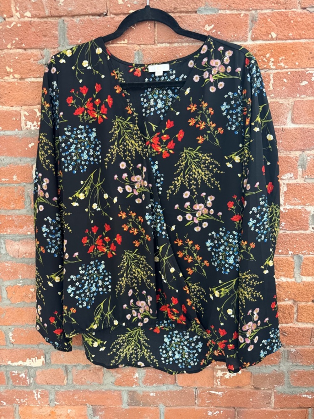 Charming Charlie’s Women’s Black Floral Wrap Blouse